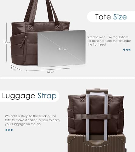 Tote Bag for Women with Zipper, Quilted Puffer Tote Bag with Compartments, Lightweight Puffy Work Bags for Women Travel - color: Dark Brown
