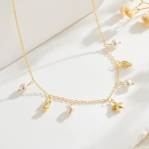 Seashell Starfish Necklace for Women Conch Shell Summer Pearl Beach 14k Gold Layered Dainty Choker - style: Conch Pearl