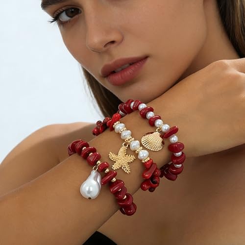 Boho Summer Bracelets for Women, Layered Beach Bracelets Set with Starfish Shell Pearl Charms, Colorful Beaded Bohemian Stackable Jewelry, Elastic Vacation Accessories Summer Outfit Jewelry - color: A3：Red Bracelet