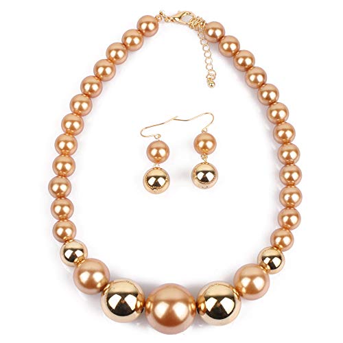 Fuqimanman2020 Chunky Large Simulated Pearl Choker Necklace Drop Dangle Earrings Crystal Bib Big Round Beaded Strand Multicolor Costume Statement Wedding Jewelry Set for Women Brides - color: Champagne B