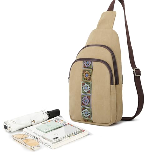 SILKAREA Canvas Sling Bag for Wome Crossbody Purse Small Sling Backpack Purse Travel Hiking Chest Bag Daypack - color: Brown