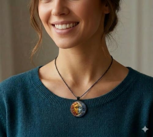 1pc Stunning Round Pendant Necklace - Unique Sun & Moon Pattern, Oil Painting Style Glass Mosaic, Alloy Construction, Trendy Sweater Chain, Fashionable Gift for Women - Christmas or Birthday Gift - color: Black Chain
