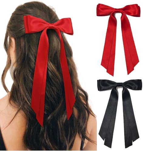 Cute Hair Accessories: Bow Clips, Ribbon Barrettes with Tassels, and Hair Bows for Women in Black and Red - color: Black & Red