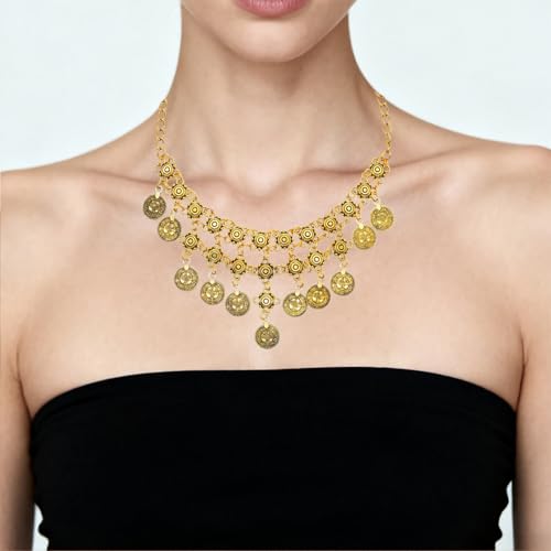 Boho Coin Charm Necklace for Women Layered Pirate Necklace Gold Coin Beaded Pendant Necklace Chunky Coins Tassel Ethnic Gypsy Costume Accessories Jewelry Gifts - style: B
