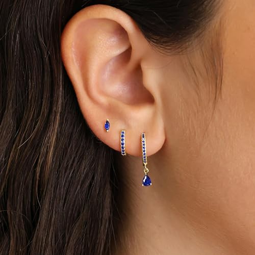 14K Gold Plated Small Huggie Hoop Earrings Set for Women, Hypoallergenic Dainty Sterling Silver Dangle Studs for Cartilage Helix, Lightweight Trendy Cute Stack Birthstone Jewelry Gift - color: 09_Sapphire_Sep_Gold