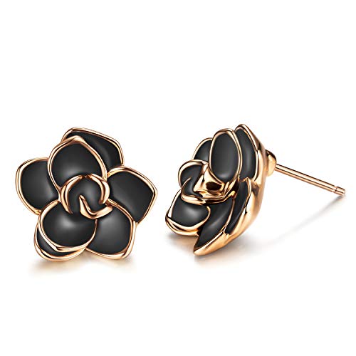 AllenCOCO Rose Flower Stud Earrings for Women Sensitive Ears, Hypoallergenic Cute Gold And Silver Rose Flower Earrings Studs for Women Nickel Free - color: Black flower/Rose gold, size: 0.55