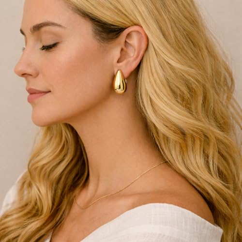 14K Gold Clip On Earrings Women,Teardrop Chunky Detachable Hoop Clip-On Earrings for Non Pierced Ears Hypoallergenic Lightweight Earring Clips - color: Gold
