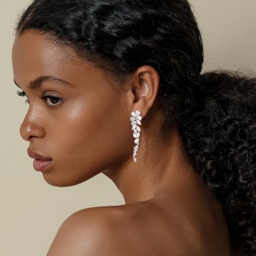 Awinesn Clip on Earrings for Women 925 Sterling Silver Plated Cubic Zirconia Long Tassel Dangle Drop Earrings Non Pierced Earrings for Women Jewelry Gifts Wedding Party - color: leaves 2