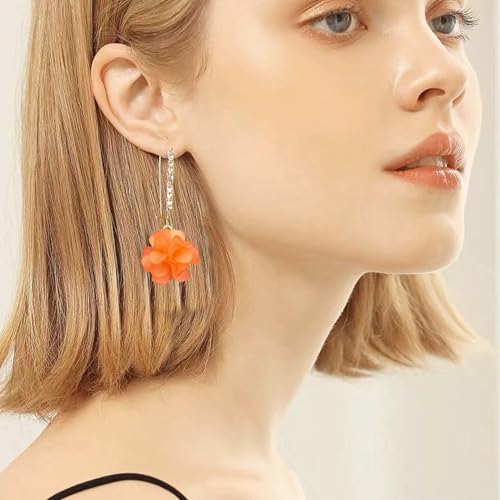 Boho Flower Dangle Earrings for Women Long Drop Resin Acrylic Tiered Petal Statement Earrings Handmade Lightweight Vintage Floral Chunky Drop Jewelry - color: Orange