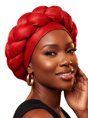 Woeoe African Headwrap Gold Braided Turbans for Women - color: Red