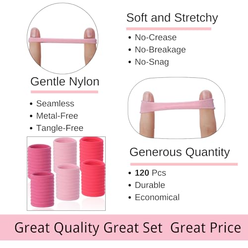 LuSeren 120 Pcs Pink Hair Ties for Women, No Damage Soft Seamless Nylon Hair Elastics for Thick Hair, Ponytail Holders, 3 Gradient Pink Hair Accessories - color: Pink