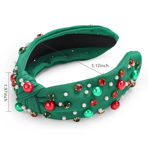 WantGor Pearl Knotted Headband, Women Rhinestone Embellished Hairband Elegant Wide Top Knot Bride Headbands Headpieces Party Fashion Elegant Ladies Hair Band Hair Hoop Accessories (Christmas Green) - color: Christmas Green