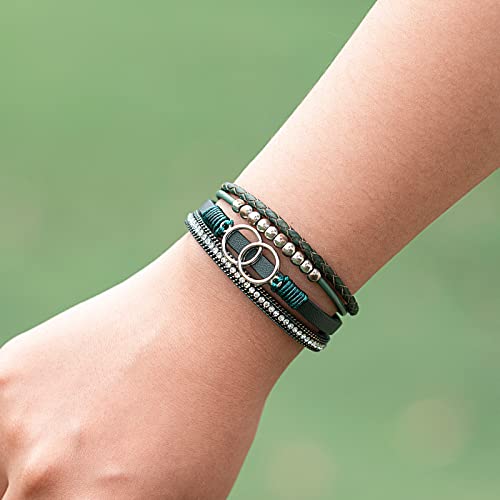 FANCY SHINY Boho Leather Wrap Bracelet Stackable Infinity Chunky Cuff Bracelets Western Hippie Outfits Jewelry Valentine Gifts for Women - color: Olive Green