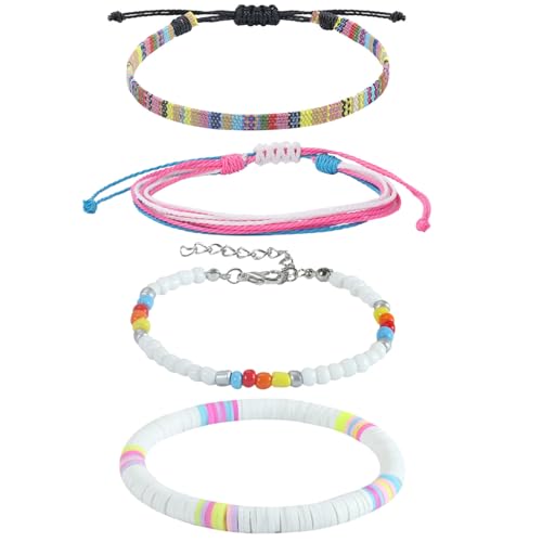 Beach Bracelet Set for Men and Women, Surfer Men Bracelet, Braided Boho Summer Bracelets Adjustable Men's Bracelet Handmade Women Bracelet String Rope Ankle Bracelets Birthday Gift - style: 4pcs Boho Bracelets Ankles White