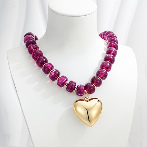 WOWORAMA Chunky Heart Necklaces for Women Colorful Resin Beaded Choker Necklace Gold Puffy Heart Statement Necklace Trendy Acrylic Choker Jewelry - color: Purple