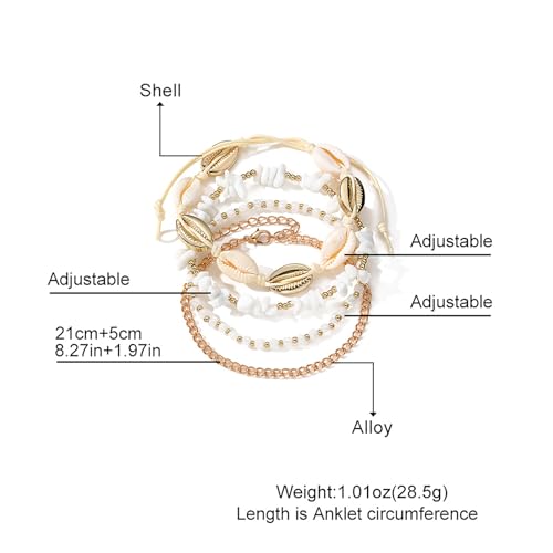 Beach Anklets for Women Boho Beaded Ankle Bracelets Set Adjustable Dainty Gold Anklets Stackable Hawaiian Vacation Beachy Pearl Seashell Starfish Conch Foot Jewelry - color: 4PCS Anklets