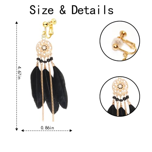 Clip on Tassel Dangle Earrings for Boho Women, Non Pierced, Colorful Feather Handmade Beads Fashion Vintage Fringe Jewelry for Parties Weddings Festivals Trendy Statement Earrings for Bohemian - color: Black A