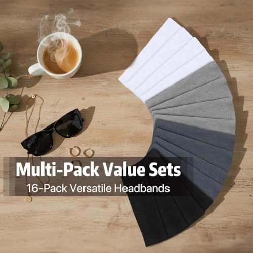 Huachi Headbands for Women Non Slip 16 Pack Elastic Sports Hair Bands for Women, Soft Cotton Cloth Headband for Workout Yoga Fashion Hair Accessories, Black White Gray Trendy Head Bands - color: FASHION NEEDED