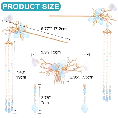 HINZIC 5pcs Flower Tassels Hairpin for Women, Non-Slip Crystal Pearl Greenstick Hair Clips, Retro Chinese Hanfu Wedding Brides Hair Accessories for Long Hair - color: Blue Branch