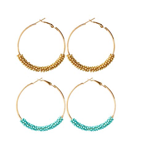 2 Pairs Bohemian Colorful Beads Circle Round Hoop Earrings Gold Hoop Dangle Earrings for Women Vintage Boho Jewelry - color: yellow blue