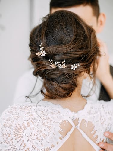 SWEETV 7 Pieces Bride Hair Accessories Pearl Wedding Hair Pins Leaf Bridal Hair Piece Vintage Hair Headpiece Leaf Hair Clips Jewelry for Women Bridesmaids Brides Flower Girls - color: Set-A-Gold