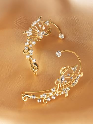 2Pcs Rhinestone Butterfly Earrings Ear Cuffs Non-Pierced Fake Earrings Butterfly Climber Wrap Around Earring Dainty Adjustable Ear Clip Jewelry for Women - color: Style4-gold
