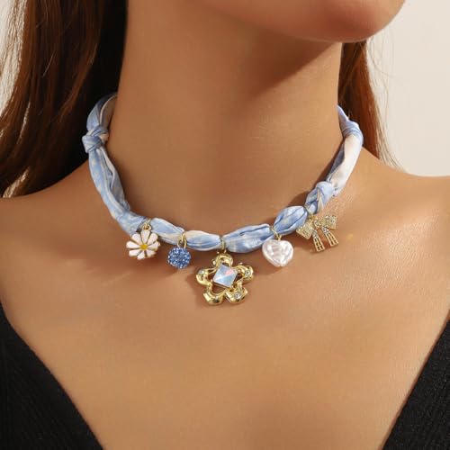 Scarf Long Fabric Colorful Silk Scarves Multi Pendant Necklace For Women Statement Boho Choker Twisted Ribbon Band Pearl Accent Heart Maple Leaf Bee Daisy Dragonfly Star Green Gem Charms - color: Blue Bow