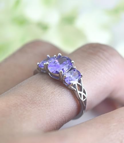 Celtic Birthstone Rings for Women 925 Sterling Silver Celtic Knot Ring 3-Stone Promise Rings for Her Wife Birthday Anniversary Wedding Jewelry - color: 02-Feb-Amethyst