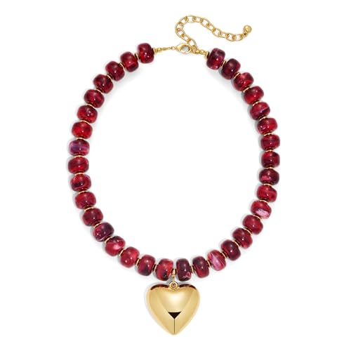 WOWORAMA Chunky Heart Necklaces for Women Colorful Resin Beaded Choker Necklace Gold Puffy Heart Statement Necklace Trendy Acrylic Choker Jewelry - color: Wine-Red