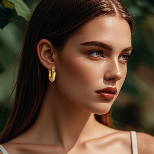Stainless Steel Hoop Earrings for Women Gold Tone Geometric, Huggie Heart Twisted Minimalist Engraved Designs for Daily Wear - color: Gold-Irregular Round_25*20mm