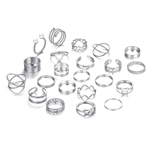 Lnnmomn 22 Pcs Gold/Silver Rings Set for Women, Sparkling Dainty Simple Trendy Ring Pack, Butterfly Diamond Opening Multi Joint Ring Set Love Pearl Ring Jewelry Gifts for Womens, Gifts for Her - color: Silver-1