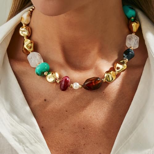 Chunky Acrylic Beaded Necklace for Women Colorful Acrylic Beaded Choker Round Beads Statement Necklace Fashion Jewelry - color: Gold