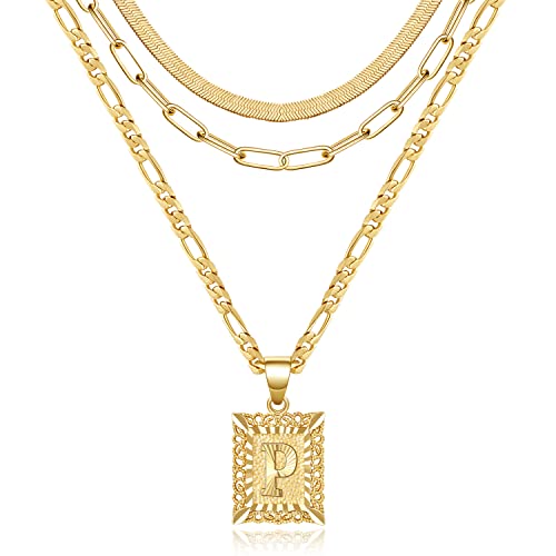 KissYan Gold Layered Necklace Set for Womens, 14K Gold Plated Initial Letter Pendant Necklaces Paperclip Snake Choker Alphabets from A-Z Figaro Chain Jewellery Gift - color: 3PCS, style: P