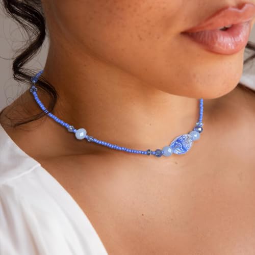Beaded Necklaces for Women Summer Beach Beaded Necklace Bead Choker Boho Necklaces for Women Handmade Summer Jewelry Stainless Steel 18K Gold Plated - color: Blue