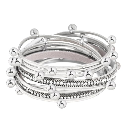 VIBILIA Boho Leather Wrap Bracelets for Women Multi-Layer Bracelets with Strong Clasp Jewelry for Women - color: 07-Beads-Silver