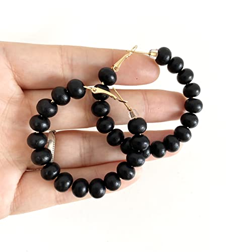 Handmade Nature Wooden Beaded Hoop Earrings Bohemian Minimalist Colorful Circle Round Wood Bead Earrings Vintage Chic Wooden Ethnic Dangle Drop Earrings for Women Statement Jewelry Gifts - color: Black