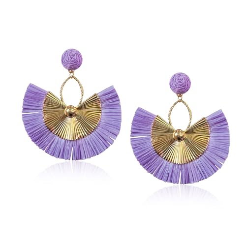 Anmpab Straw Fan Bohemian Tassel Earrings for Women Trendy Colorful Fringe Summer Beach Statement Earrings - color: Violet