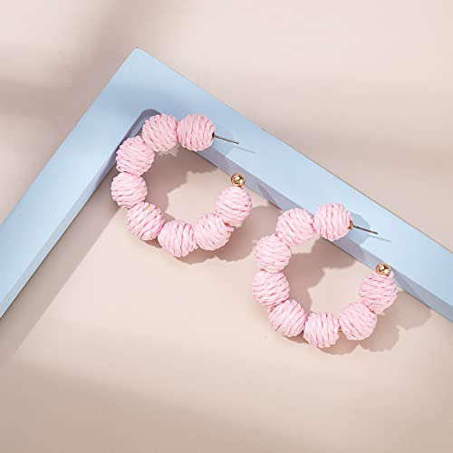 Raffia Hoop Earrings Statement Boho Beaded Earrings Cute Rattan Handmade Colorful Jewelry for Women Unique Summer Outfits - color: Pink