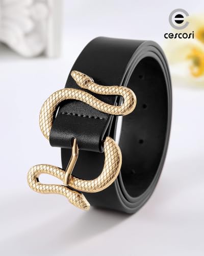 Women Leather Belt with Snake Buckle Fashion Women Belt for Jeans Pants Dresses - color: D-black, size: Fit Size 46"-49"