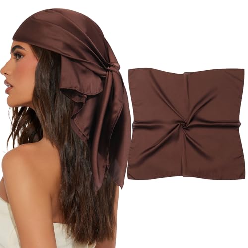AWAYTR 27.5” Square Satin Head Scarf Hair Scarf for Women's Hair Silk Bandana for Women Silk Head Wrap for Sleeping - color: Coffee Brown