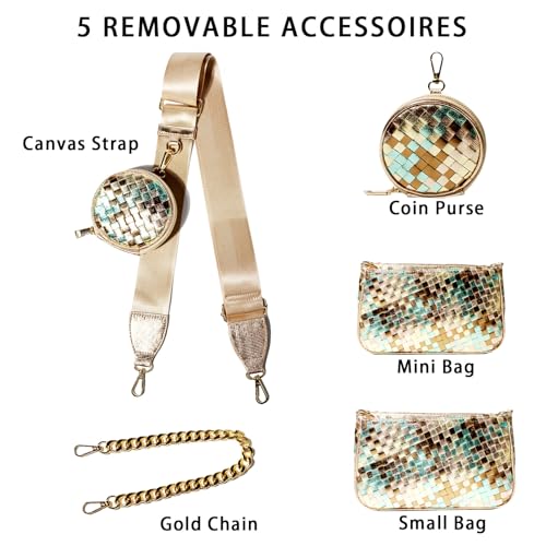 Handmade Woven Small Crossbody Bag for Women with Coin Purse, Designer Shoulder Handbag 3pcs Set, Mini Tote Clutch - color: Champagne Multicolor