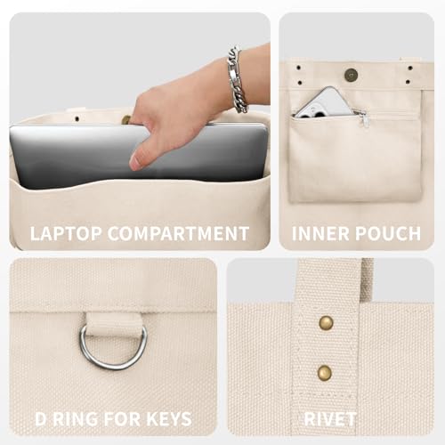 HOMESPON Large Canvas Tote Bag for Women Everything Bag with Pockets and Laptop Sleeve - color: Beige