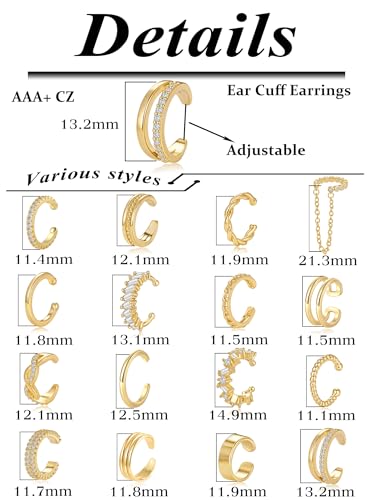 Tornito 16Pcs Ear Cuff Earrings for Women Non Piercing Ear Cuffs Cubic Zirconia Ears Clip on Earring Cartilage Helix Wrap Fake Earrings Jewelry Adjustable Gold Silver Plated - color: Gold