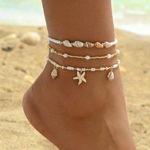 Qceasiy Shell Ankle Bracelet Set for Women, Gold Plated Boho Bead Adjustable Anklet, Hawaiian Beach Seashell Pearl Heart Starfish Conch Foot Jewelry Gifts - color: Conch Starfish 3Pcs