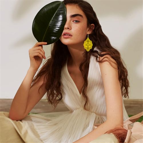 Bohemian Wood Earrings Natural Retro Lightweight Hollow Pattern Geometric Wooden Dangle Drop Earrings Statement Vintage Jewelry - color: Yellow