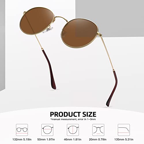 MEETSUN Round Polarized Sunglasses for Women Men Classic Retro Metal Frame Sun Glasses UV Protection - color: (2 Pack) Gold/Grey + Gold/Brown