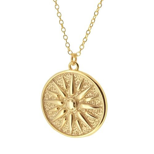 NewZenro Vintage Sun Embossed Round Disc Pendant Necklace for Women Dainty Minimalist S925 Sterling Silver 18K Gold Plated Link Choker Necklaces Adjustable Chain Fashion Trendy Jewelry for Her Bff - color: Gold