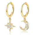 MILACOLATO 925 Sterling Silver Hoop Earrings for Women 18K Gold/Rhodium Plated Drop Dangle Hoop Earrings with Charms Cross Spike Moon Star Paperclip Link Statement Earrings Convertible Link Huggie Earrings Hypoallergenic - color: Gold Tone : Moon Star Ear