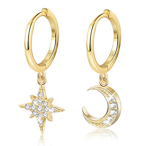 MILACOLATO 925 Sterling Silver Hoop Earrings for Women 18K Gold/Rhodium Plated Drop Dangle Hoop Earrings with Charms Cross Spike Moon Star Paperclip Link Statement Earrings Convertible Link Huggie Earrings Hypoallergenic - color: Gold Tone : Moon Star Ear