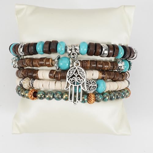 COLORFUL BLING Boho Turquoise Wooden Beaded Stretch Bracelets Stackable Turtle Butterfly Elephant Shell Heart Charms Bracelet for Women Men Western Jewelry Gifts - style: Set 6